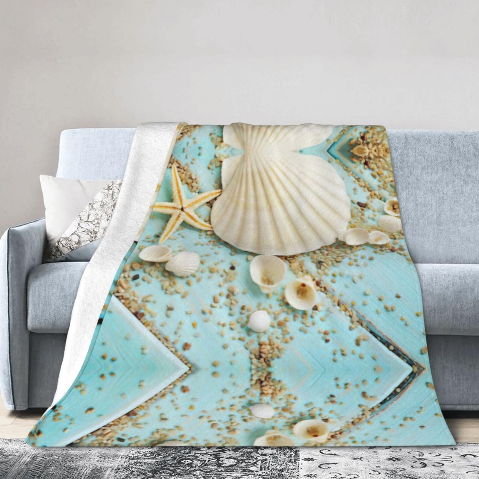 Uusnwaa Soft Cosy Fleece Warm Throw Ocean Sea Beach Seashells Starfish Blue Print Blanket