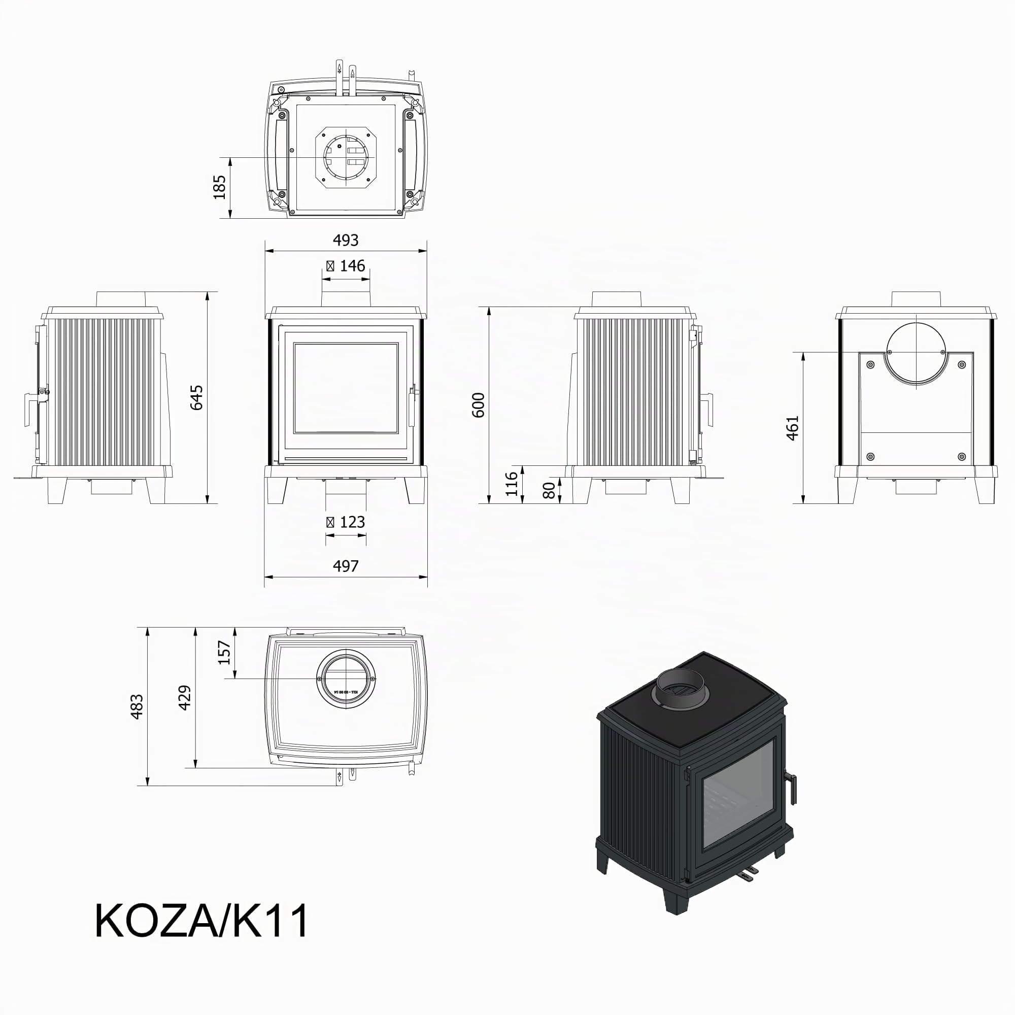 KRATKI Stufa a legna in ghisa KOZA K11 6 kW Ø150 A Ecodesign 150fi Stufa a | Ghisa nero, efficienza 76,9%, classe A. Ecodesign, BImSchV 2, Flamme Verte 7, Kratki PRO; per recupero calore.; Moderna Eco