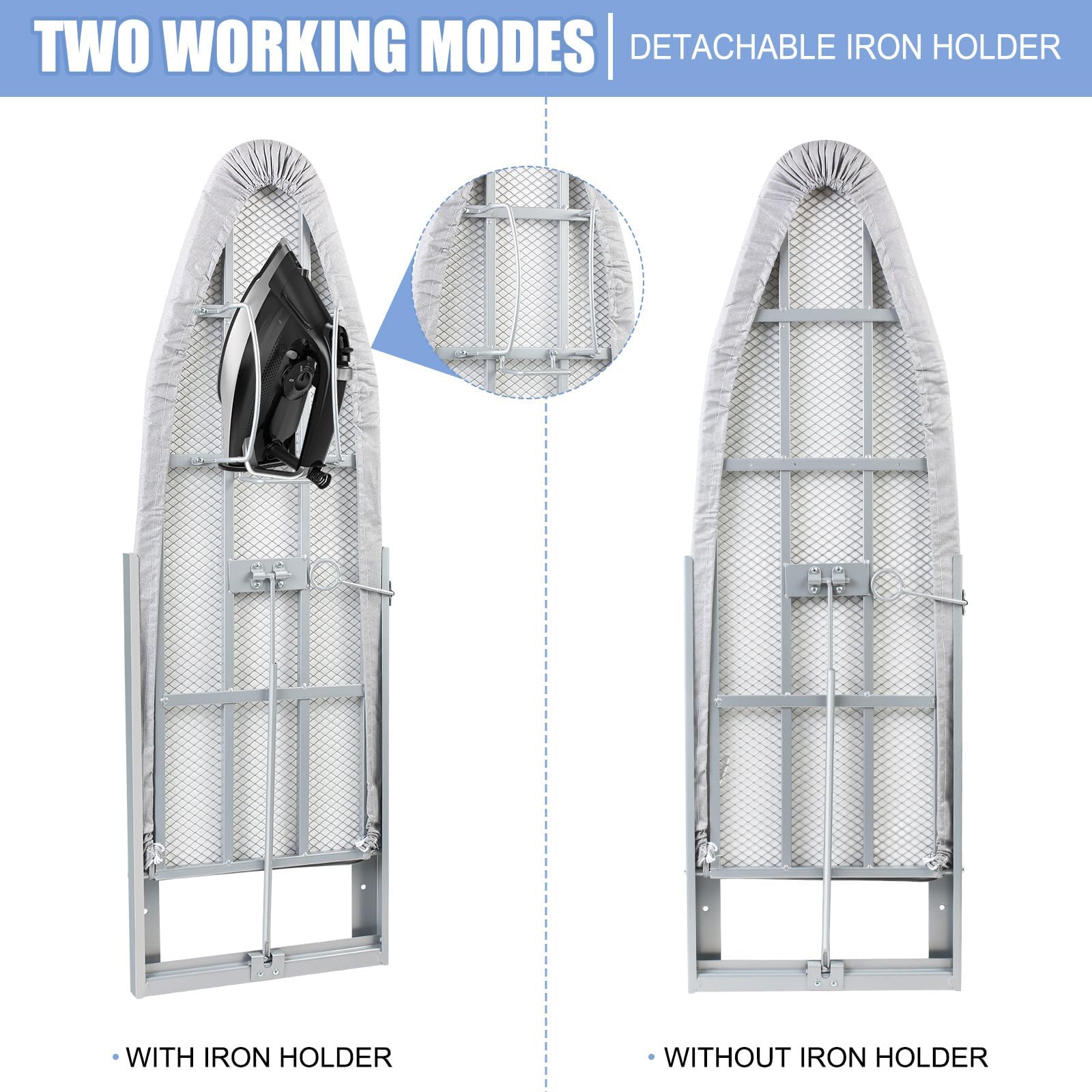 Planche à repasser pliable avec montage mural, rotative à 180°, peu encombrante avec organisateur de fer à repasser et housse résistante à la chaleur, planche à repasser murale pliable pour