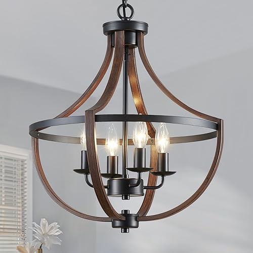 Miniatura 1 de Candelabro moderno de granja de 4 luces rústicas colgantes de madera sintética de grano negro de 16.5 pulgadas de altura ajustable para comedor,