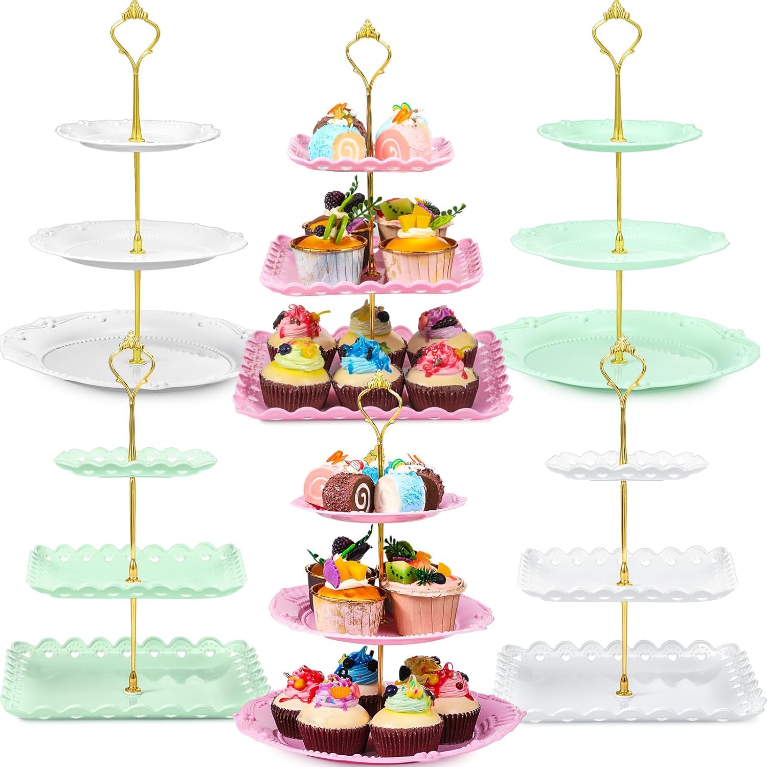6 Sets Tea Party Decorations of 3 Tier Plastic Cupcake Stand Dessert Plates Cake Fruit Candy Display Tower for Wedding Birthday Baby Shower Tea Party Decorations(Square)