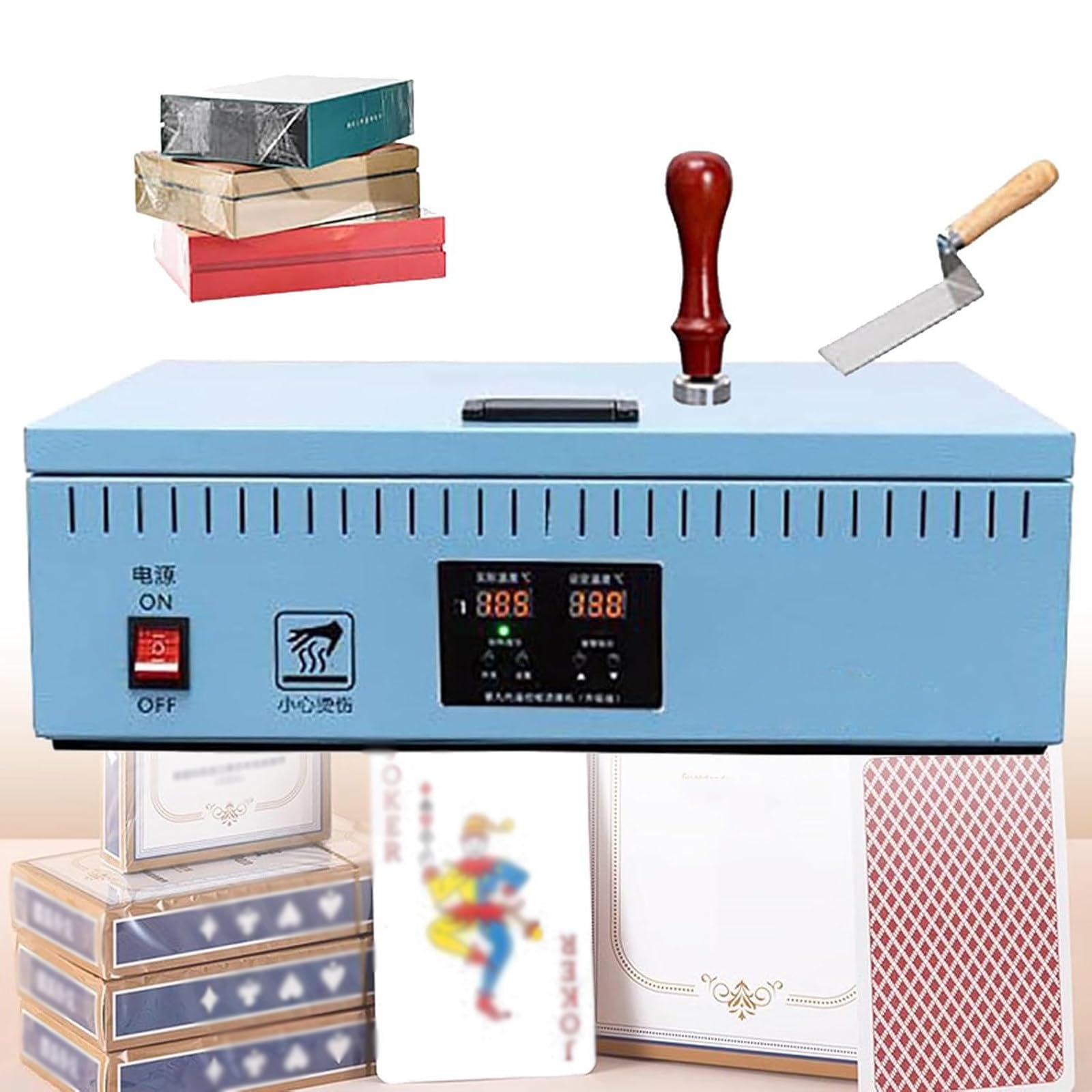 Macchina avvolgitrice in cellophane da 1200 W, Macchina per l'imballaggio di Film, Cosmetici, scatole e Confezioni per Alimenti e Frutta nei supermercati. Blue