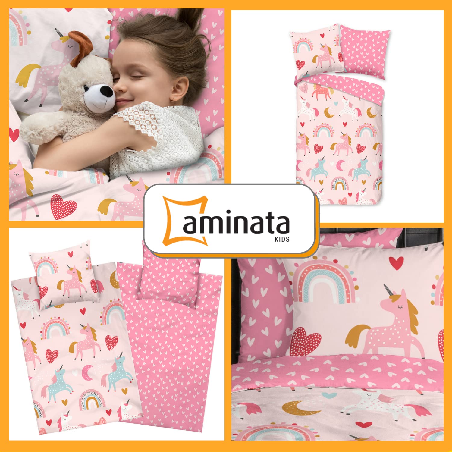 Aminata kids Biber Bettwäsche 135x200 Kinder Einhorn-Motiv Mädchen 100% Baumwolle, Reißverschluss, Kinder-Wende-Bettwäsche-Set Unicorn, warm & kuschelig, rosa pink
