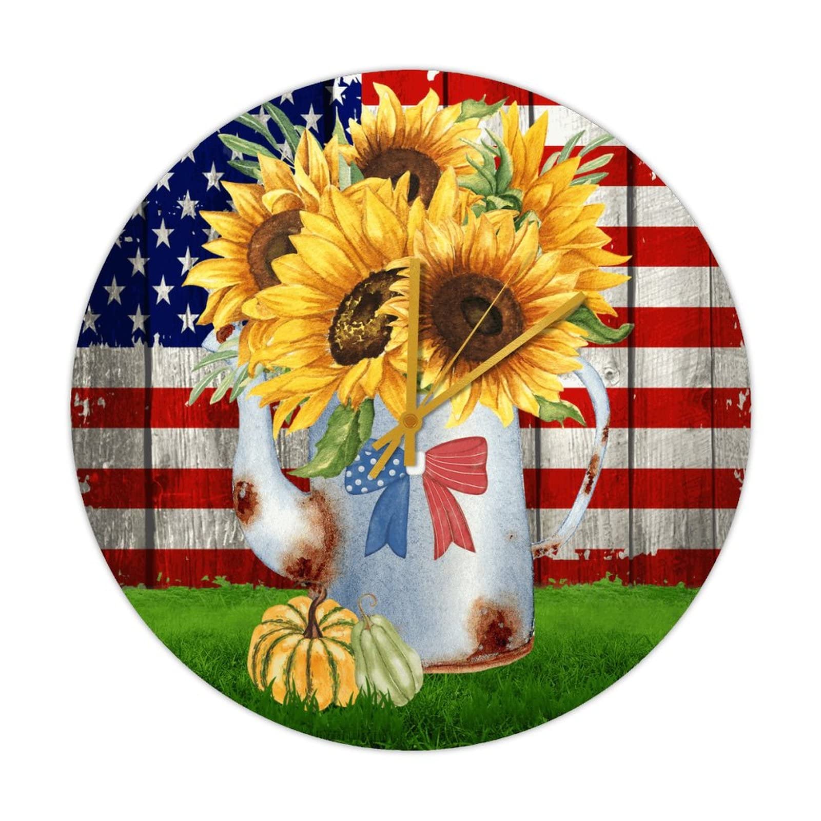 Horloge ronde en bois automne drapeau États-Unis tournesol