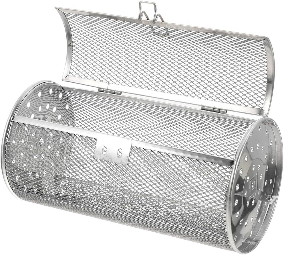 Hemoton Stainless Steel Rotating Grill Basket 7.08X5.51 Inch Oven Roaster Drum Air Fryer Basket for Nuts Meat and Vegetables Rotisserie Cooking