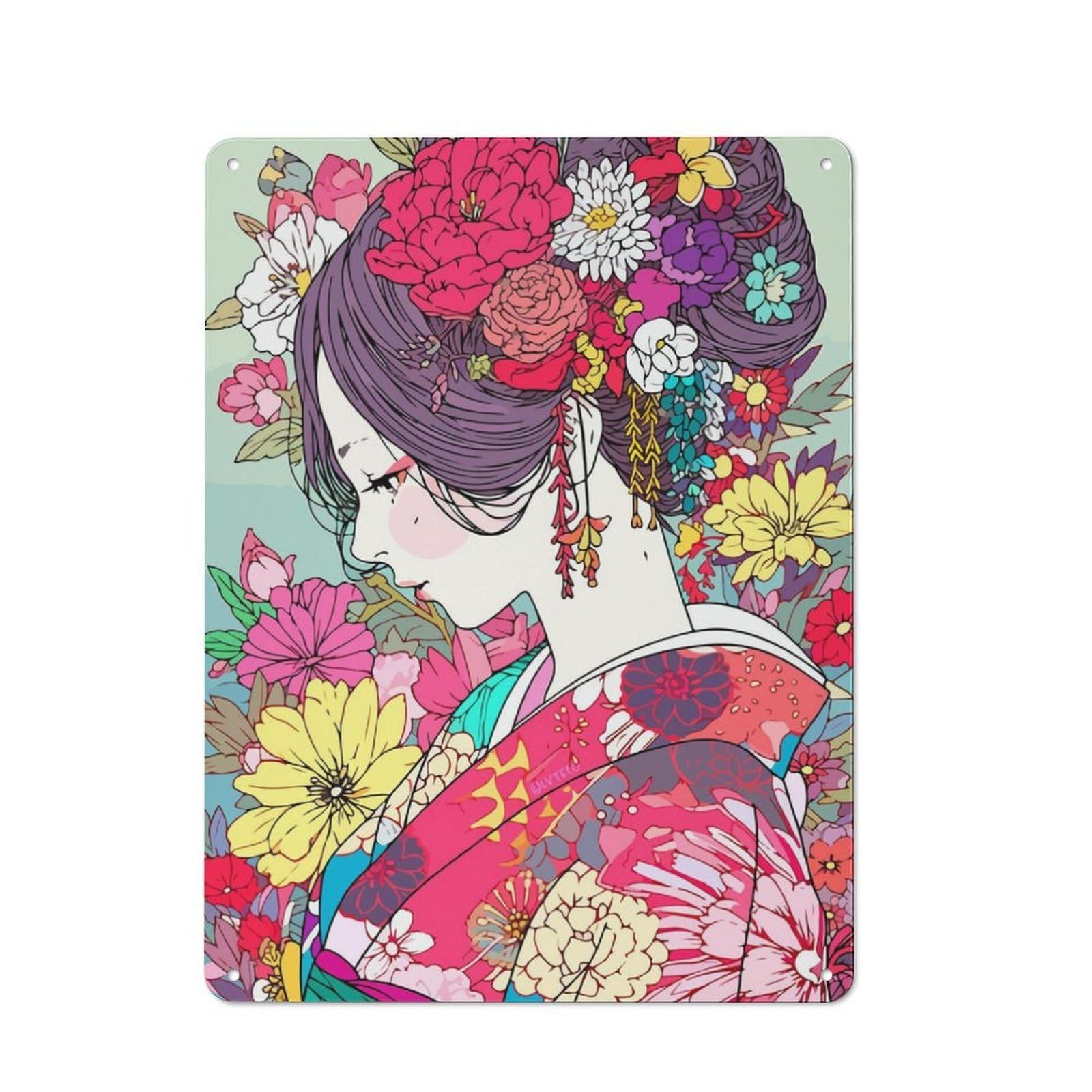Junmoney Girls Kimono Pastel Flower Metal Sign 40X30cm With For Workshop Wall, Rustic Decor, For Collectors Decorating Workshops And Hobby Rooms