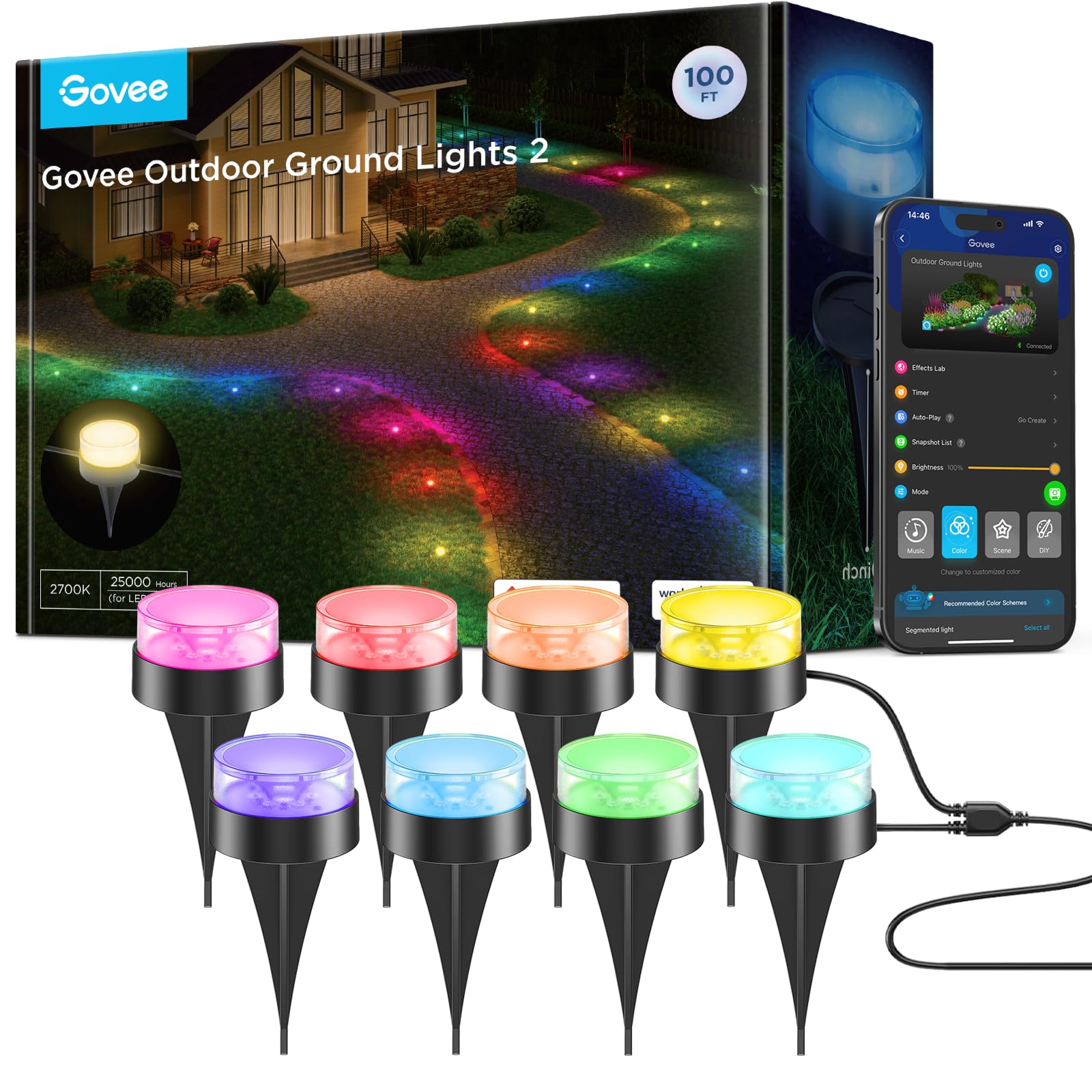 Govee Outdoor Ground Lights 2, 100ft for Patio Decorations, 30 Pack RGBIC Pathway with 100LM Warm White, IP67 Waterproof for Garden, Splitter Connector, Works with Alexa, Google Assistant