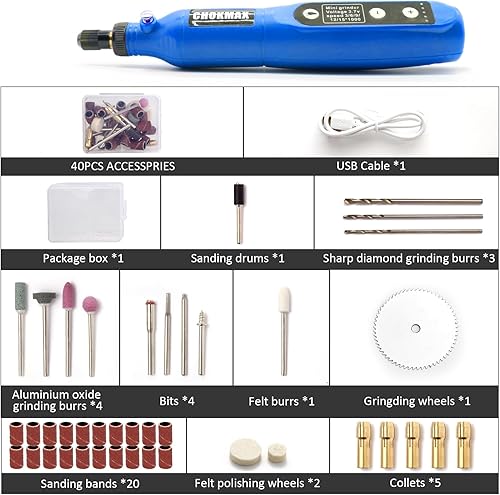 Miniatura 7 de Kit de herramientas rotativas inalámbricas, mini amoladora de 3.7 V con 5 velocidades variables, luz de trabajo LED delantera, 40 accesorios