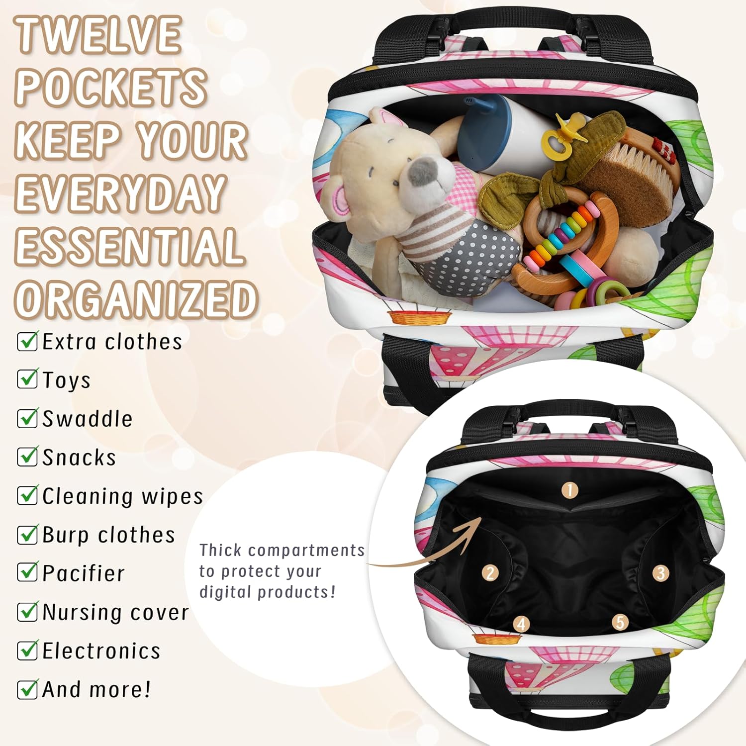 Colorful hot air balloon theme Diaper Backpack - Insulated compartment,multiple pockets,double zipper design,adjustable shoulders,suitable for diaper bags for work,travel and vacation.