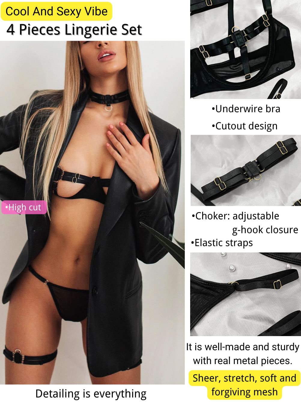 Kaei&Shi Glow Under Black Light, Party Boudoir Outfits, 4PC Peekaboo Lingerie: 0-2 Neon Green