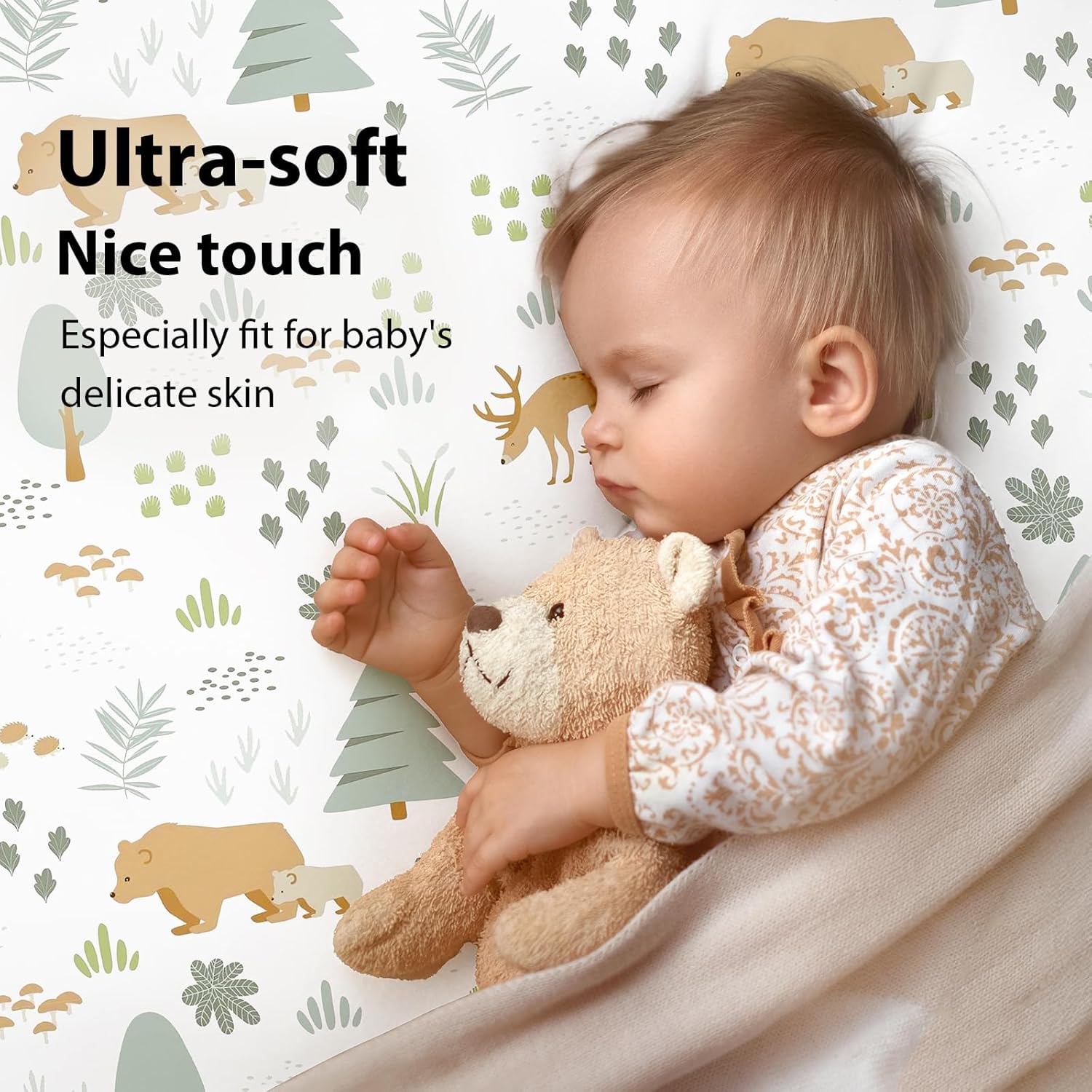 FIEMOL Baby Bedside Bassinet Sheets Fitted, 33”x20” Compatible with Baby Delight Dream On Me & Most Rectangle Bedside Sleeper Bassinet Mattresses, Super Soft Microfiber Green Woodland Bear