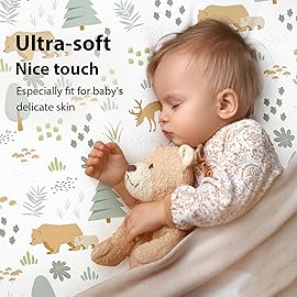FIEMOL Baby Mini Crib Sheets Boy, Portable 38x26 Pack and Play Sheets Fitted for Playard and Pack N Play Mattress, 3-Pack Soft Microfiber Green Forest Bear
