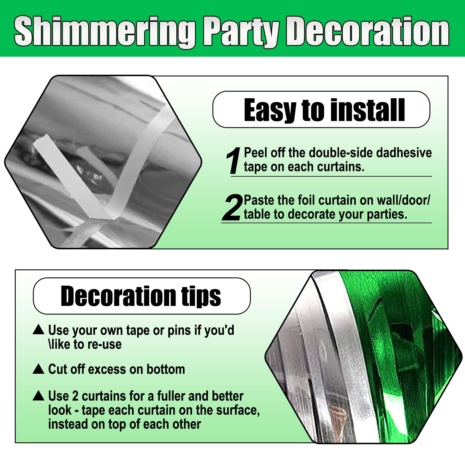 Paquete de 3 cortinas de flecos de papel de aluminio verde plateado, 3.28 pies x 6.6 pies, cortinas metálicas para cabina de fotos, Halloween, Navidad, cumpleaños, decoración de fiesta de boda