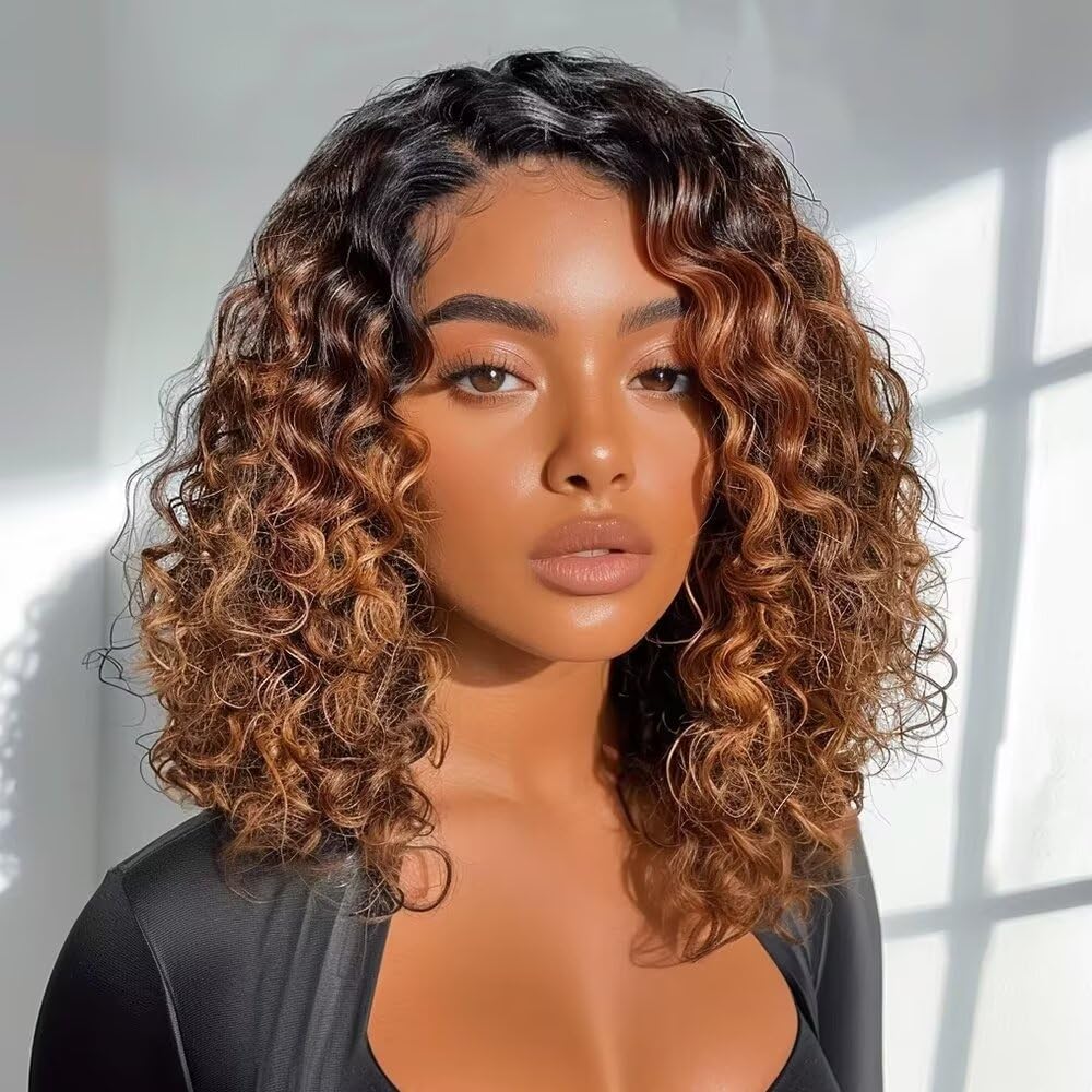 Ombre 1B 30 Brown Color Short Bob Wig HD Invisible Lace Front Curly Human Hair Wigs Glueless Deep Wave Bob Transparent Lace Wig Pre Plucked with Baby Hair Brazilian Huamn Hair Wig Bleached Knots