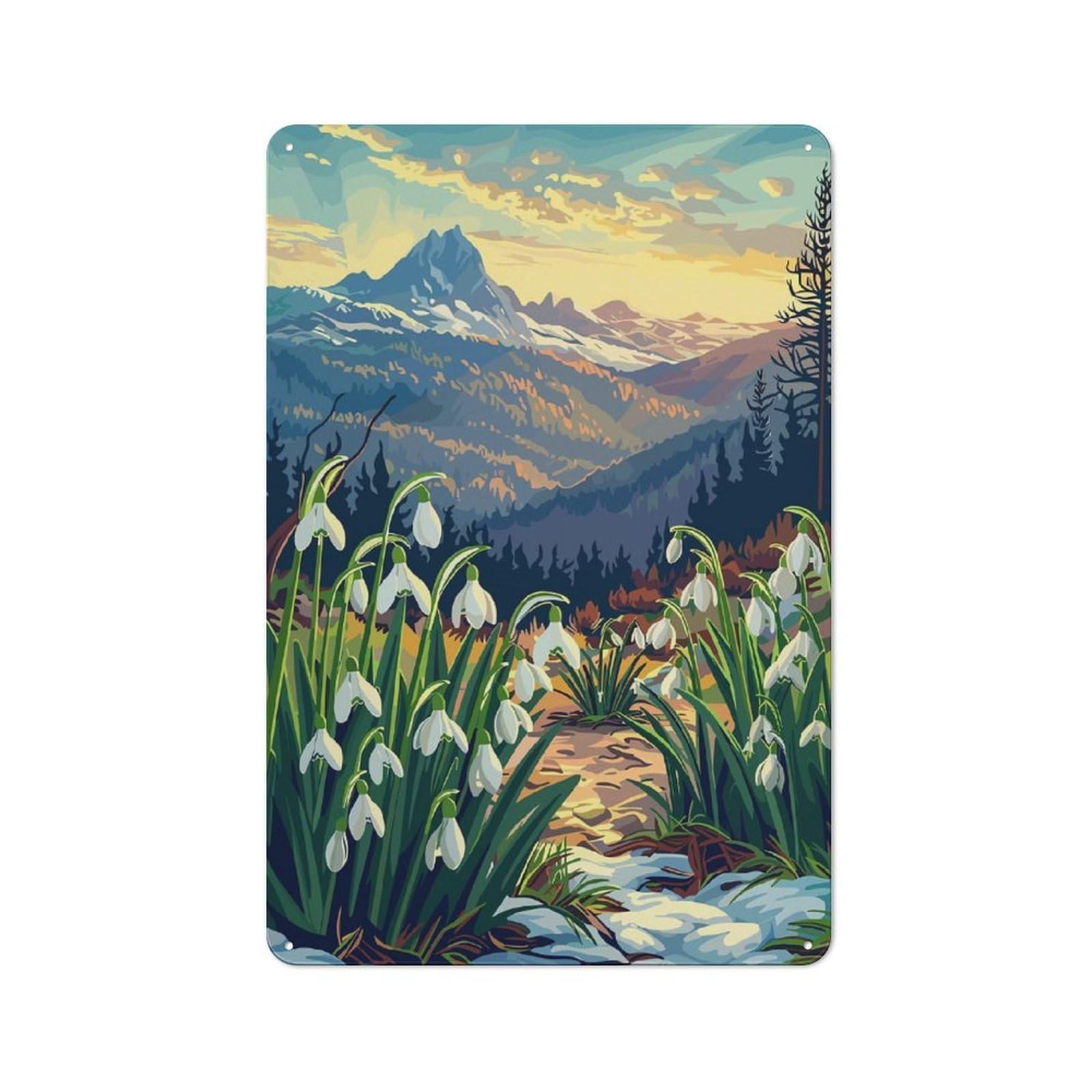 Junmoney Style-11 Understated Snowdrops And Mountain View Metal Wall Plaque 30X20cm, Creative Space Decor For Office, Study, Studio Or Hallway