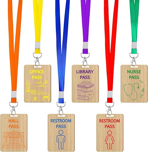 Vista 7 de Sabary 6 juegos de cordones para pases de pasillo y pases escolares Juego de pases de baño irrompibles de madera para aulas, pasillo, baño