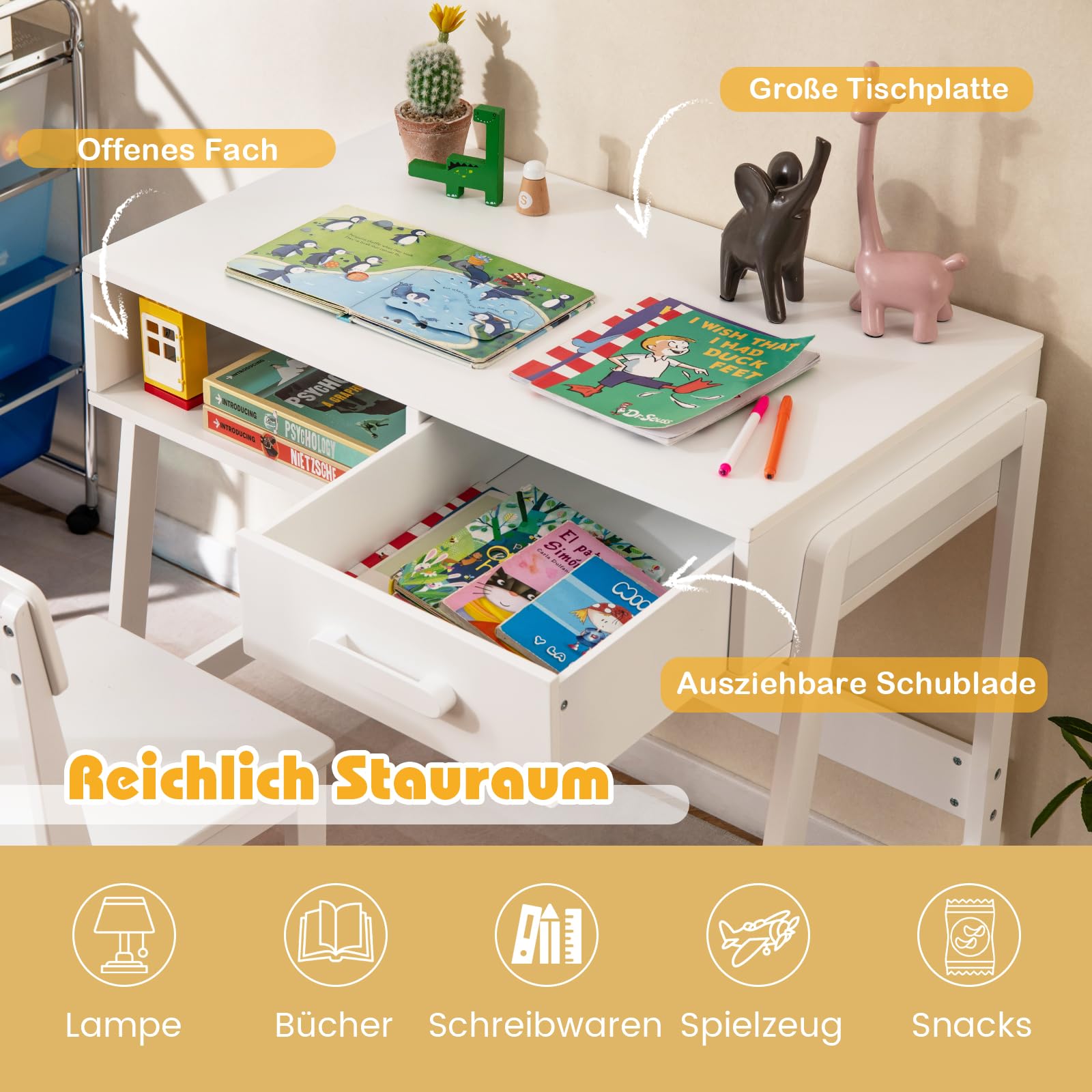 DREAMADE Kinderschreibtisch mit Stuhl, Schülerschreibtischset mit offenes Fach & Schublade, Schreibtisch-Set aus Holz zum Zeichnen, Lernen, Spielen, Studio, Kinderzimmer Kinder Tisch Stuhl Set (Weiß)