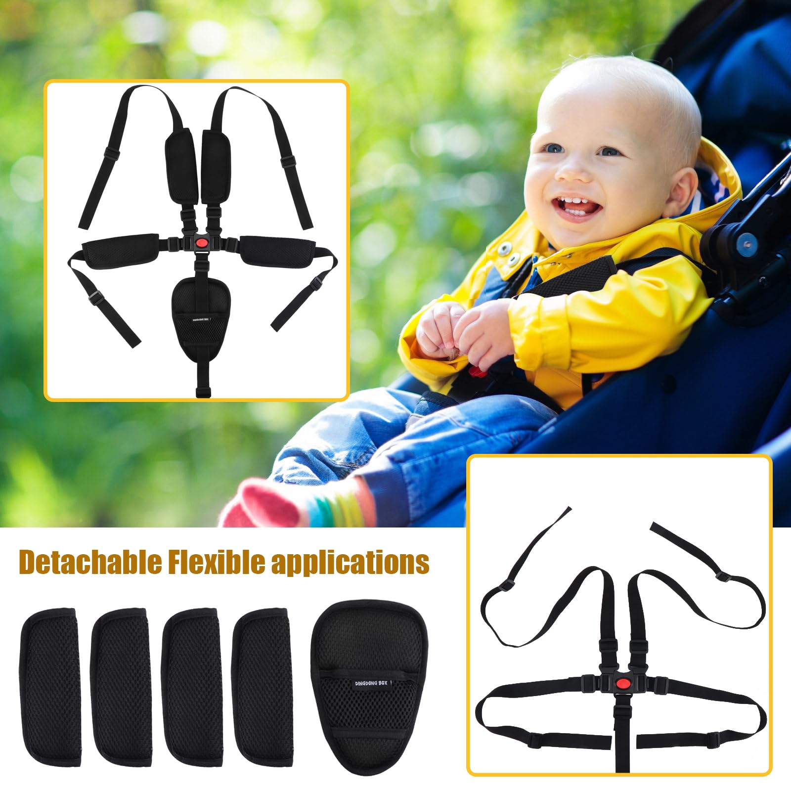 Cintura di Sicurezza per Bambini, Universale Cintura di Sicurezza a 5 punti Regolabile per Seggiolone Pappa, Passeggini, Sedie, Ganci per Biciclette