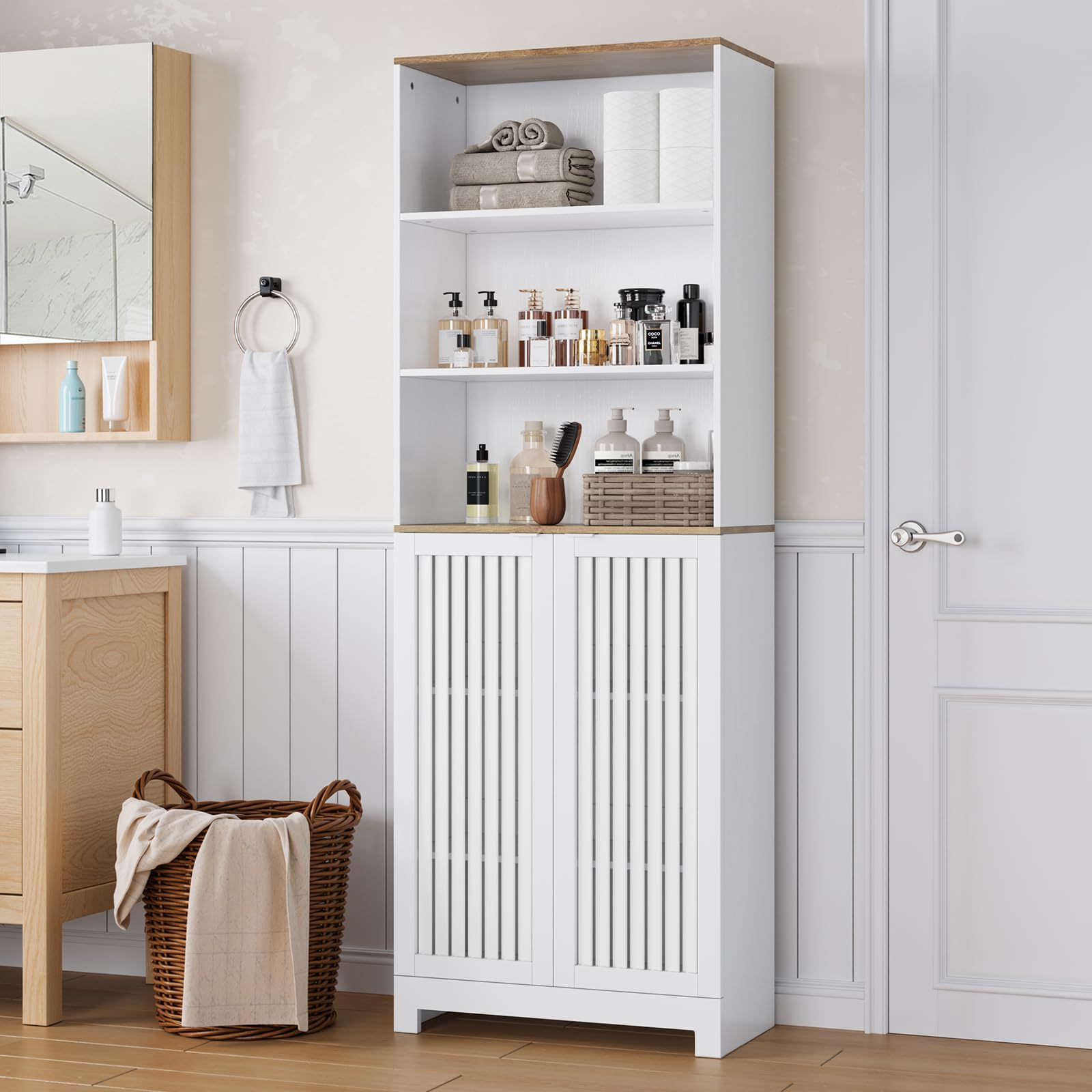 Smart FENDEE Armoire de Rangement Haute pour Salle de Bain, Style Fermier avec Porte à persiennes et étagère réglable, Armoire indépendante Blanche pour Salle de Bain, Cuisine et Salon