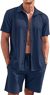 Men's 2 Piece Short Set Cuban Guayabera Shirts Short Sleeve Casual Beach Outfits Set