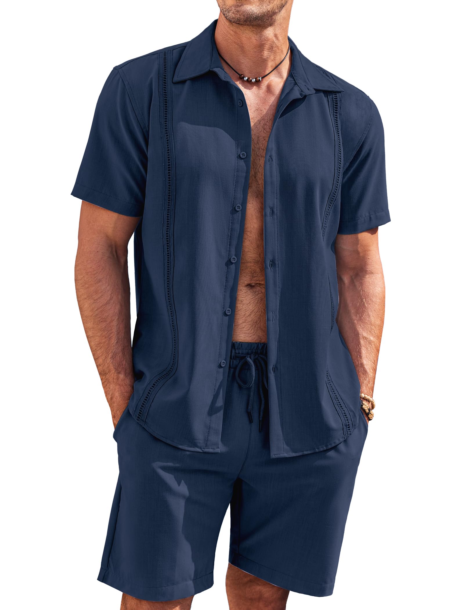 COOFANDY Men's 2 Piece Short Set Cuban Guayabera Shirts Short Sleeve Casual Beach Outfits Set