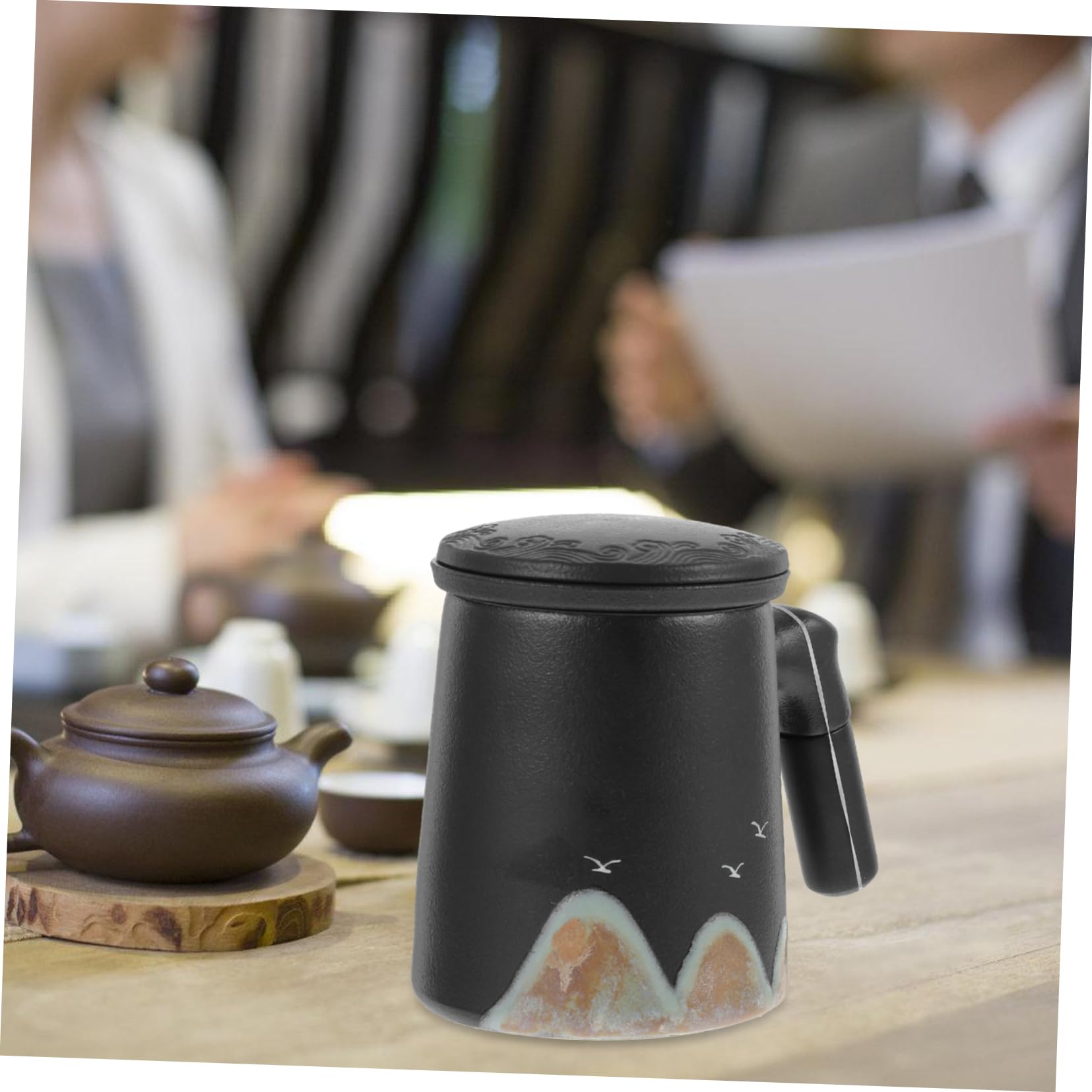 DECHOUS Tasse à Thé en Céramique 410ml avec Couvercle et Séparateur, Noire