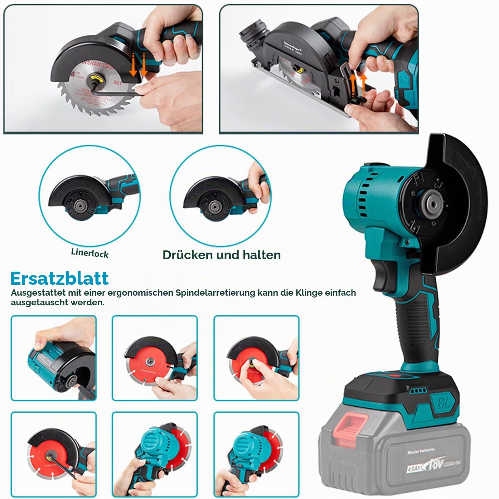Schnurlose Kreissäge & Mini-Winkelschleifer Kompatibel mit Makita 18V Akku (nicht im Lieferumfang enthalten), 2-in-1 bürstenloser Motor, 3-Gang, 100 mm, umkehrbar für Holz, Metall, Fliesen, Kunststoff