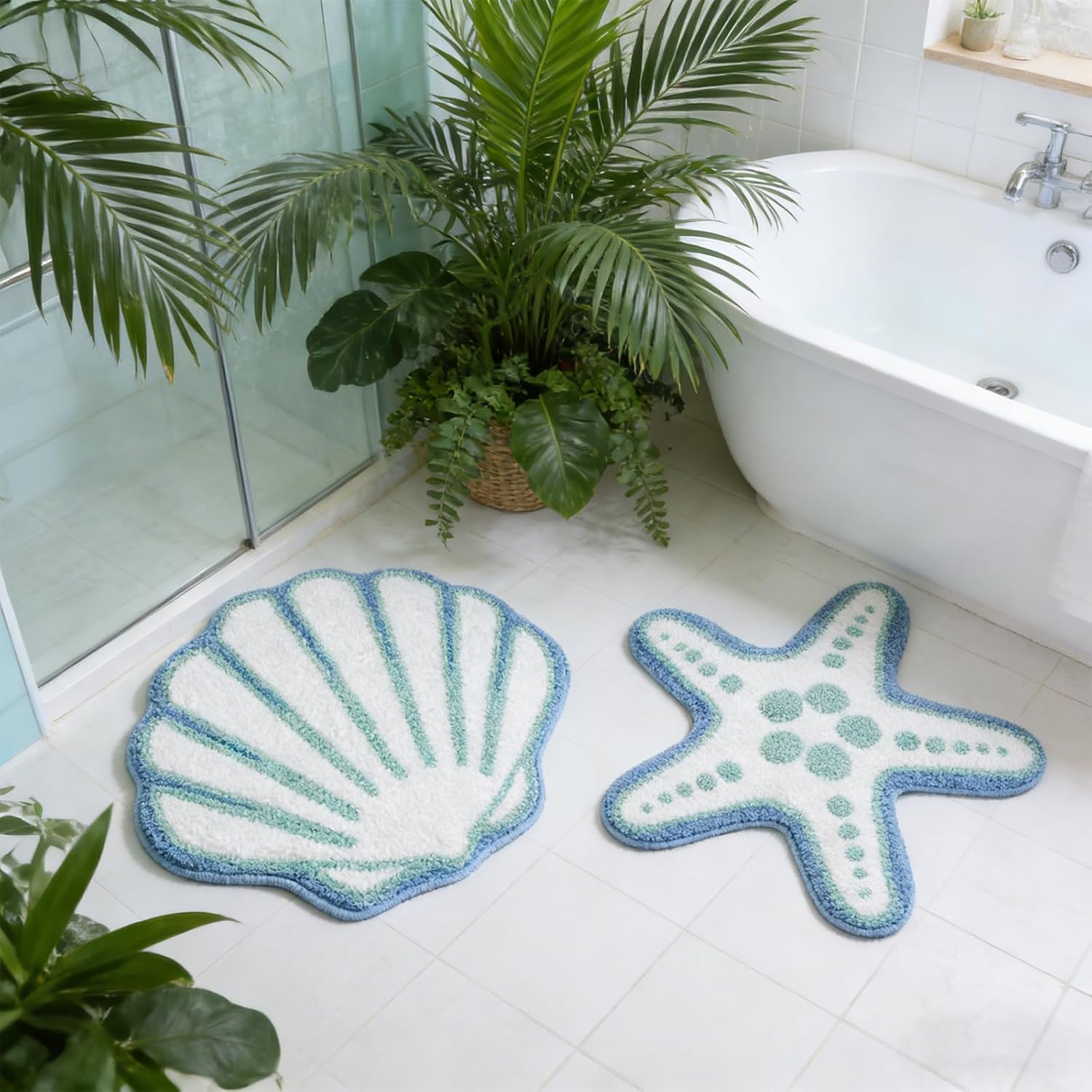 2 Pcs Beach Bathroom Rugs Non Slip Washable Ocean Seashell Starfish Mats Rugs Coastal Bath Rugs for Room Decor Nautical Fluffy Plush Soft Absorbent Farmhouse Carpet for Bathroom Shower Tub