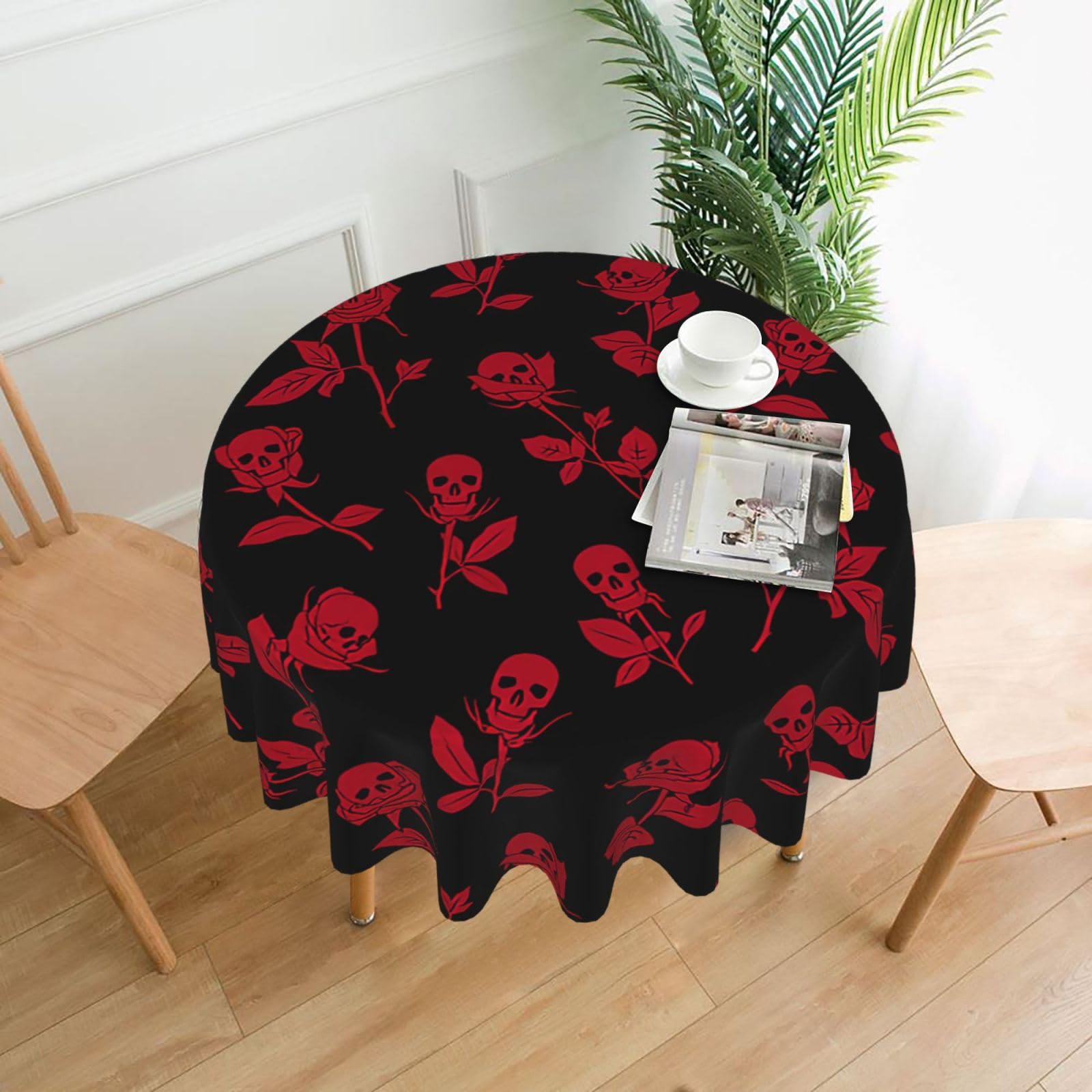 VCzsdff Skull rose Print Stain Resistant Round Tablecloth 60in Family Friendly Polyester Cloth for Kids Meals