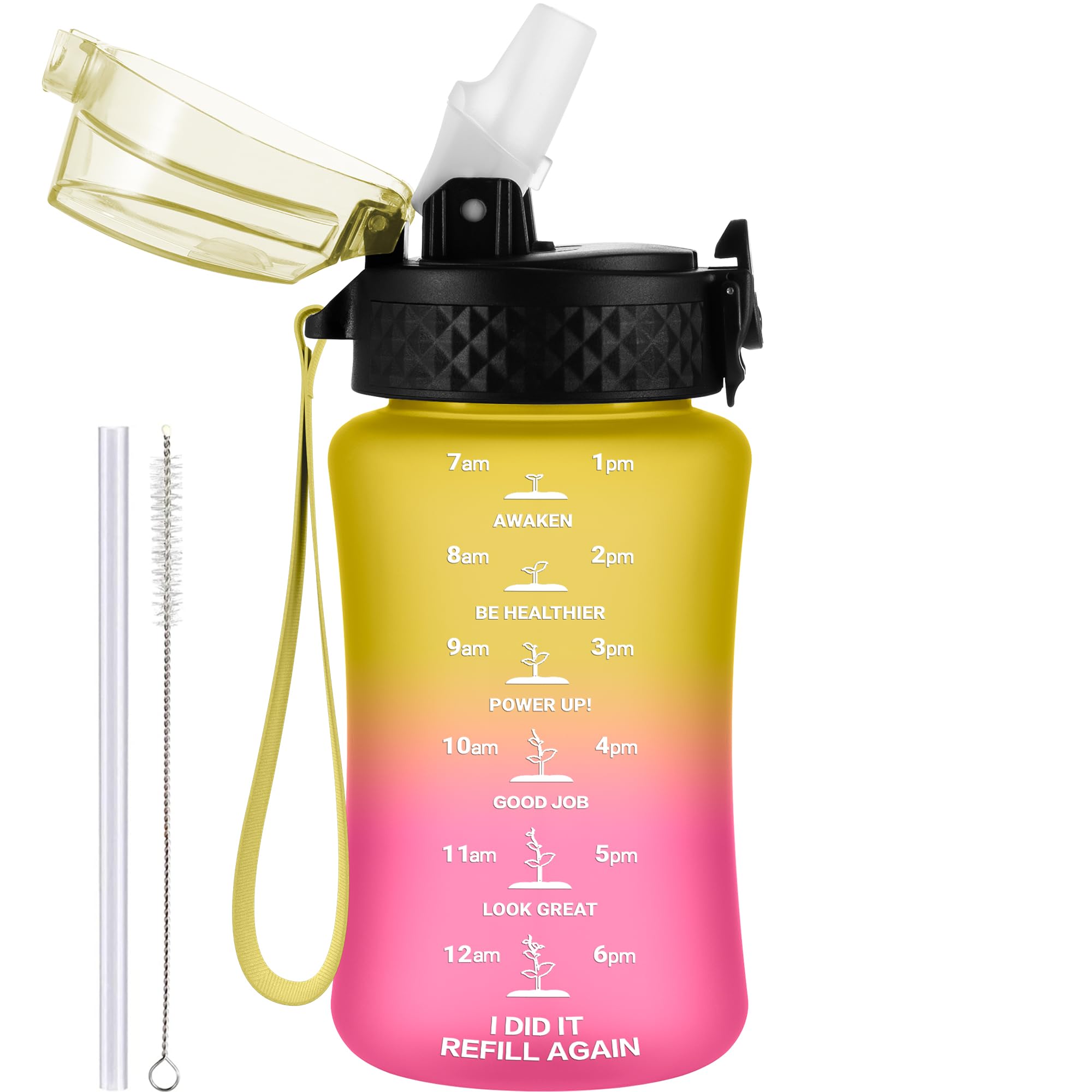 GOPPUS 350ml/12oz Kids Water Bottle With Straw Tritan Drinks Bottle with Strap Small Toddler Juice Bottles with Flip Top Lid Leakproof Children's Cup with Time Marking BPA free Girl Boy (Yellow Pink) — image 1