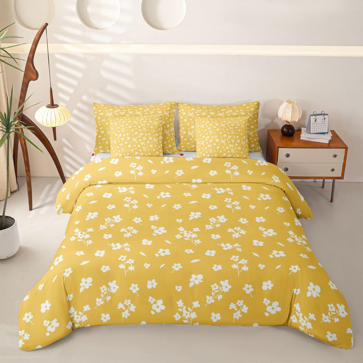 Loussiesd Juego de funda de edredón amarillo con sábanas, 7 piezas, tamaño Super King, para niños y niñas, cama de flores amarillas en una bolsa, decoración botánica de habitación bohemia, flores