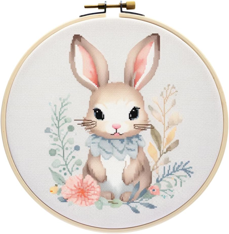 Generic Cartoon Simple Animal Rabbit DIY Stamped Cross Stitch Kits Easy for Beginners Children with Hoop 11CT Needlepoint Counted Embroidery Kits Art Craft Wall Decoration 12x12inch(2)