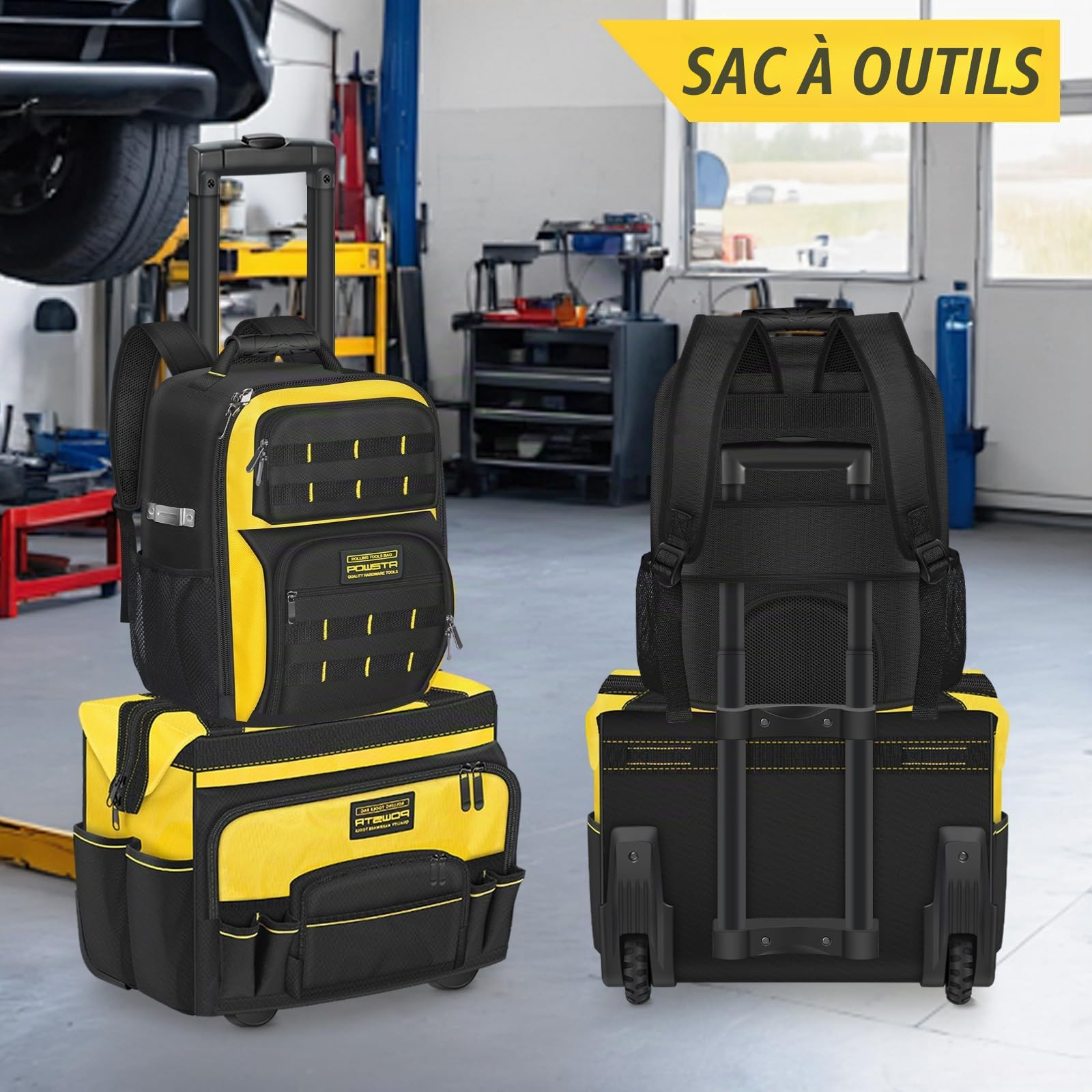 Sac à Outils à Roulettes De 50,8cm Avec Poignée Télescopique Réglable, Base Stable et 15 Poches – Idéal Pour la Construction, la Mécanique, le Travail du Bois, l'entretien et Plus Encore