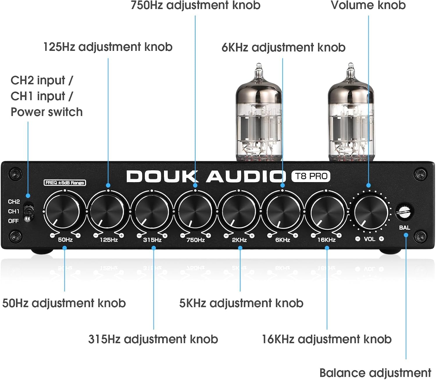 Preamplificador Ecualizador de 7 Bandas con válvulas de vacío Douk Audio HiFi y preamplificador XLR para el hogar (T8 Pro)
