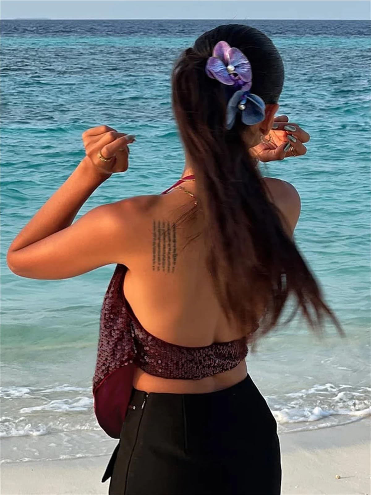 Crop Top Donna Canotta Sexy con Paillettes e Colletto a Volant, da Donna, con Glitter, for Spiaggia, Vacanze, Club, Tendenza Estiva