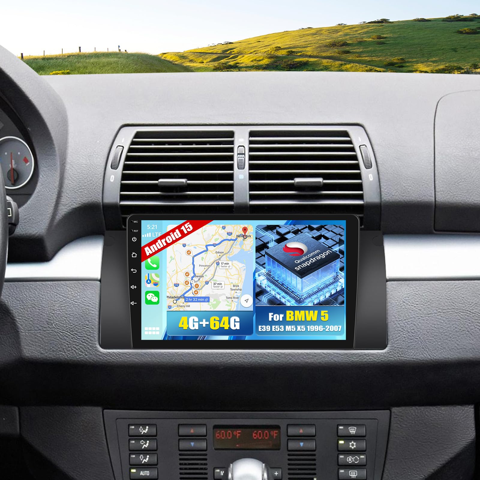 CAMECHO [8-rdzeniowy Snapdragon 4+64 GB] odtwarzacz samochodowy z Androidem 15 i bezprzewodowym CarPlay dla BMW 5 E39 E53 M5 X5 (1996–2007) nawigacja DSP 9-calowy ekran WiFi Android Auto RDS