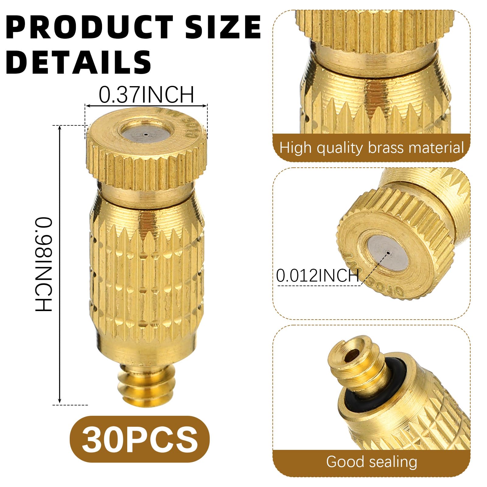 Lot de 30 buses de brumisation en laiton 1024 UNC de 0,5 mm (0,020") pour systèmes de brumisation haute pression, idéales pour les systèmes de refroidissement extérieurs. Têtes de pulvérisation anti