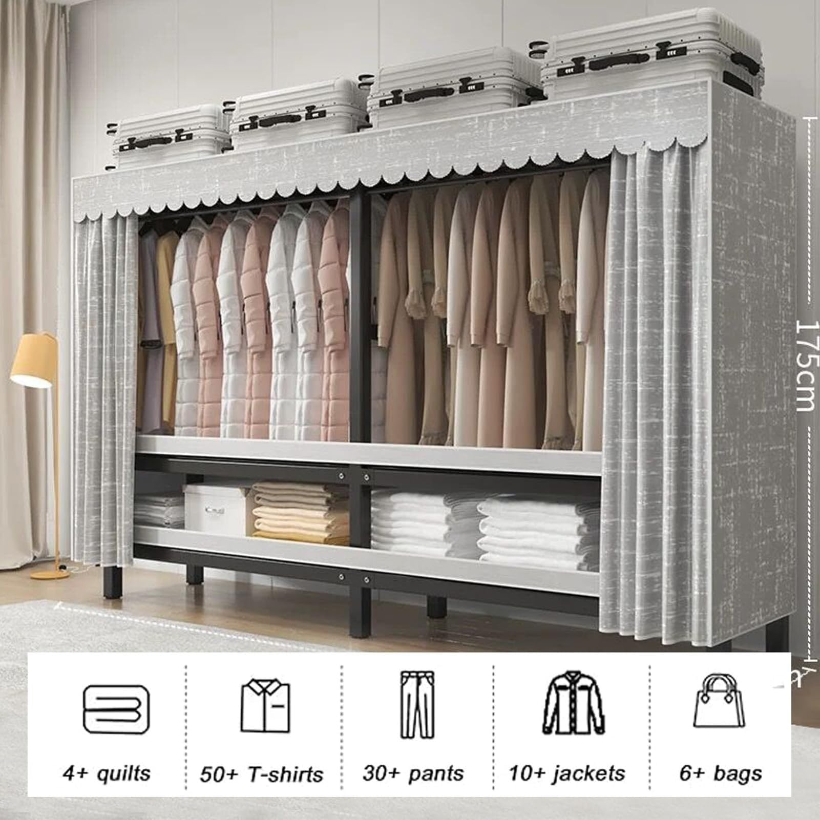 Robuster, Faltbarer Kleiderschrank Mit Rädern, Metallrahmen, Tragbarer | Stoff-Kleideraufbewahrungsorganisator(125*52*180cm)