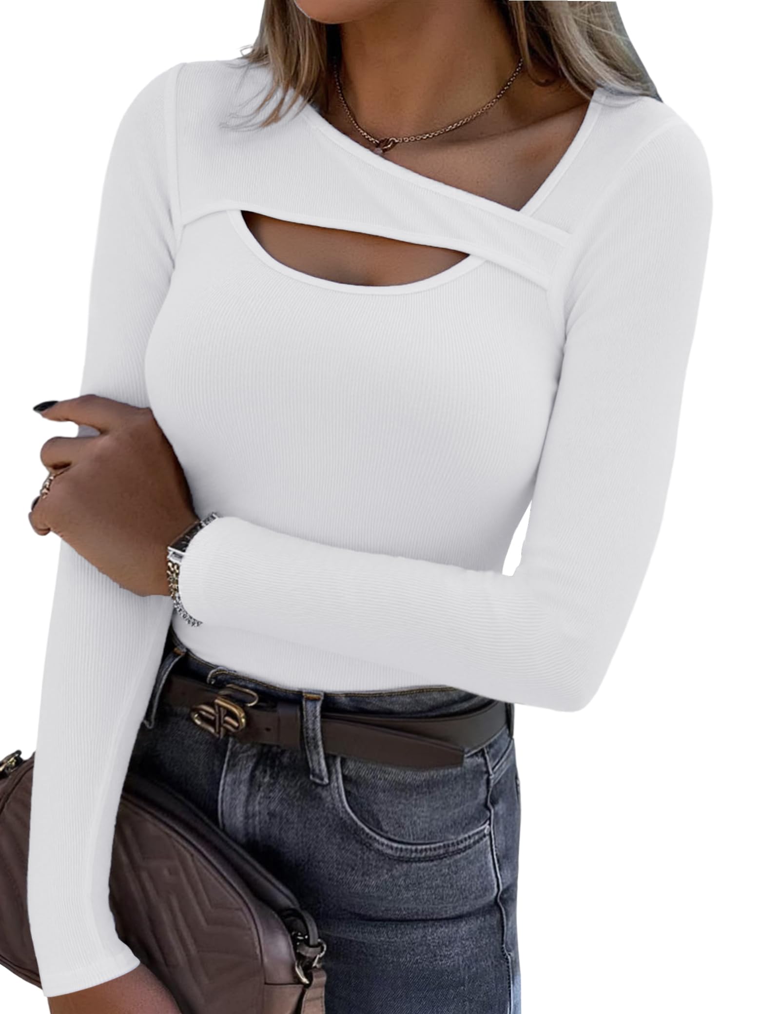 Aottori Damen Langarmshirt Asymmetrischer Ausschnitt Oberteile Langarm Gerippt Basic Tee Shirts Slim Fit Elegant Pullover Stretch Casual Tops Einfarbig