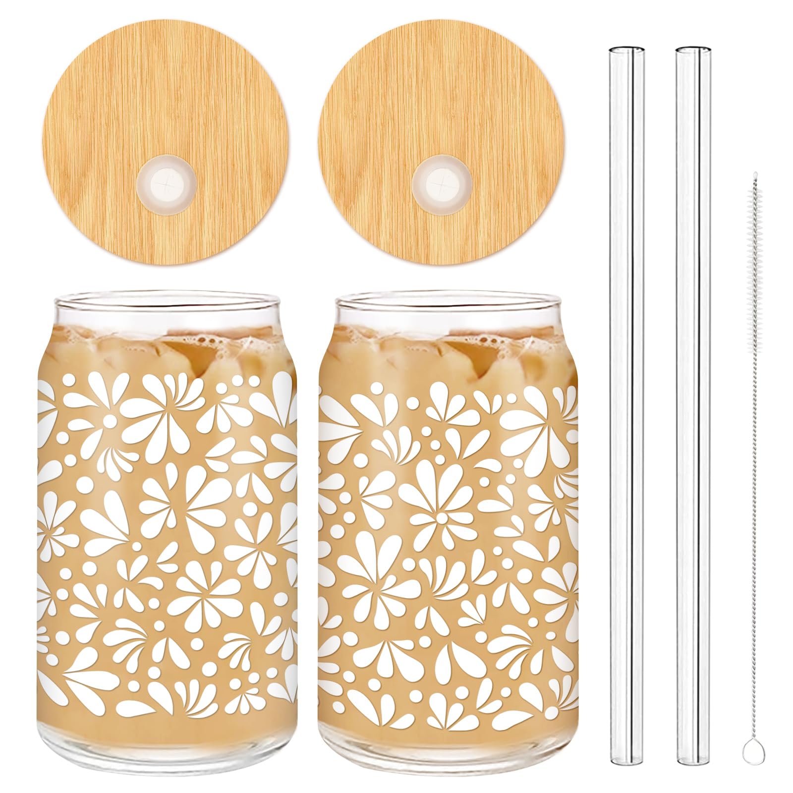 2 Pack Cielito Lindo Drinking Glasses Glass Can Platos De Barro Flower Iced Coffee Cup with Lids Straws for Mexican Fiesta Cocktails Whiskey Beer Soda