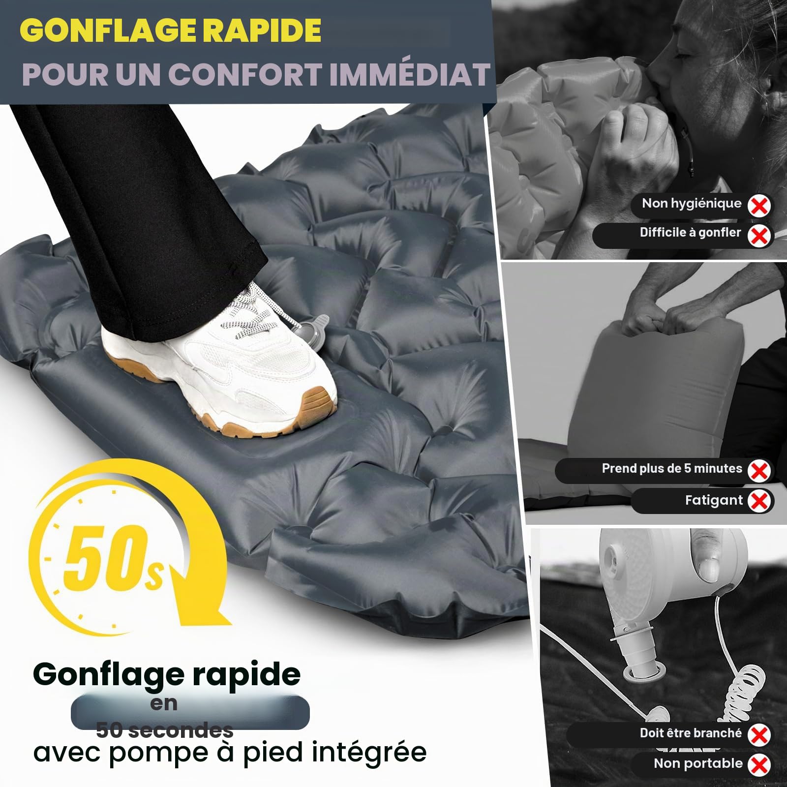 HIKENTURE Matelas de Camping 1 Place Autogonflant 10 cm - avec Pompe à Pied | Portable et Confortable - Matelas Gonflable Pour Camping, Trekking, Plage, Randonnée, Bivouac, Tente - Gris