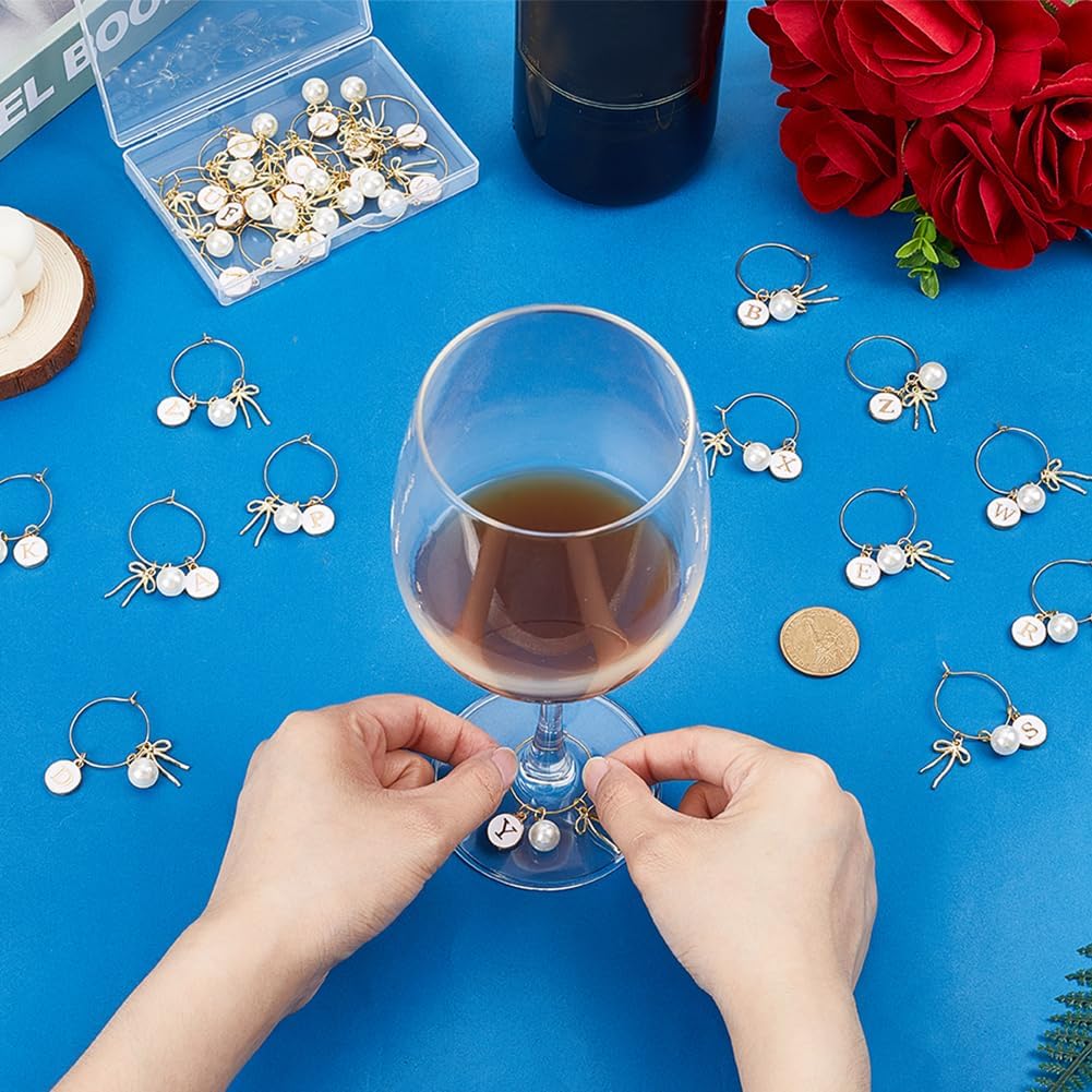 PH PandaHall 26 Styles Wine Glass Charms, Alphabet Wine Glass Cup Tag Pearl Bowkont Pendant Golden Markers Ring Drink Identifiers for Stem Glasses Cocktail Champagne Party Favors