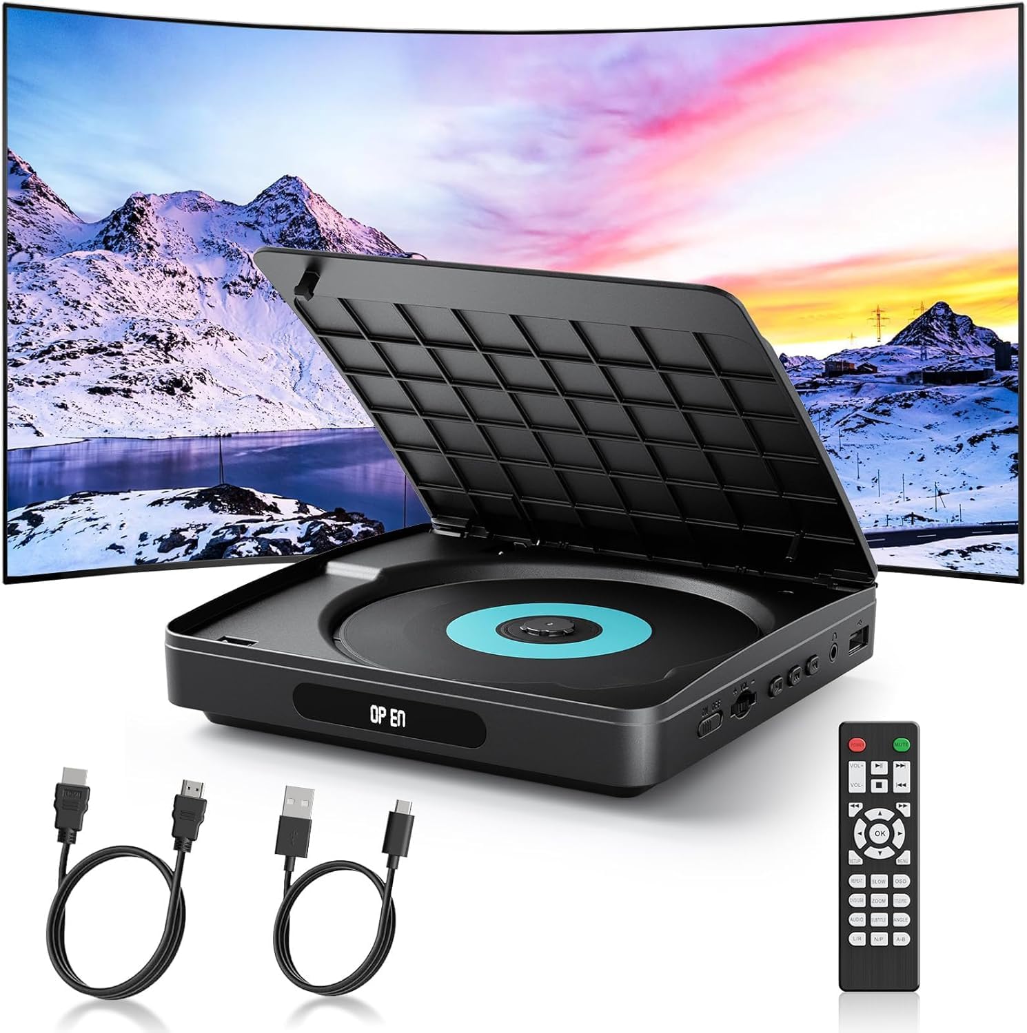 Lettore DVD WOLFANG per TV con HDMI, 1080P Full HD Region Free, telecomando e cavo Type-C, lettore CD per impianto stereo domestico, porta USB 2.0 (non Blu-ray)