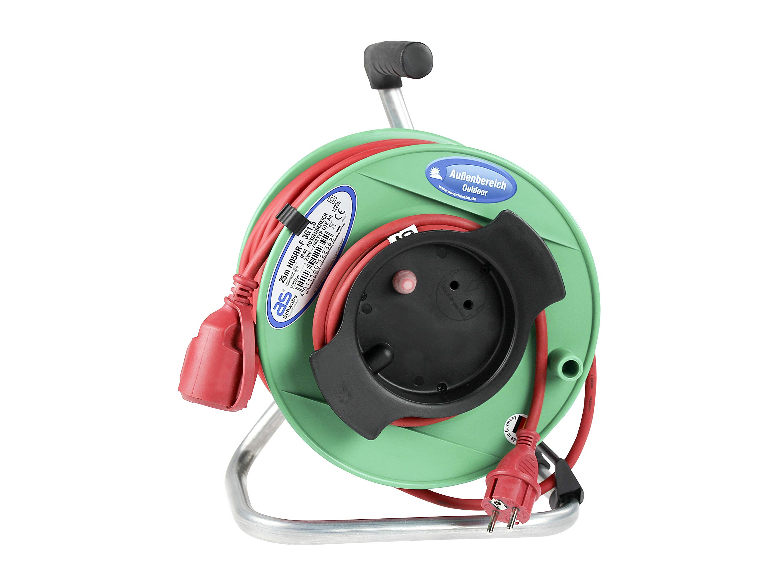 as - Schwabe enrollacables 25 m H05RR-F 3G1,5 rojo, IP44 exterior, 1 toma de corriente con toma de tierra, cable de conexión 1,5 m, Interruptor térmico, Made in Germany