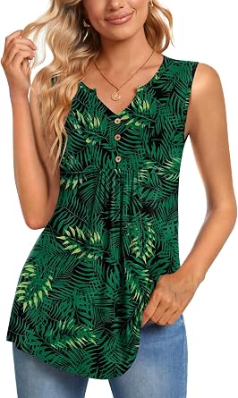 CATHY Womens Summer Sleeveless Tank Top V Neck Button Blouse Casual Pleated Basic Henley Shirts