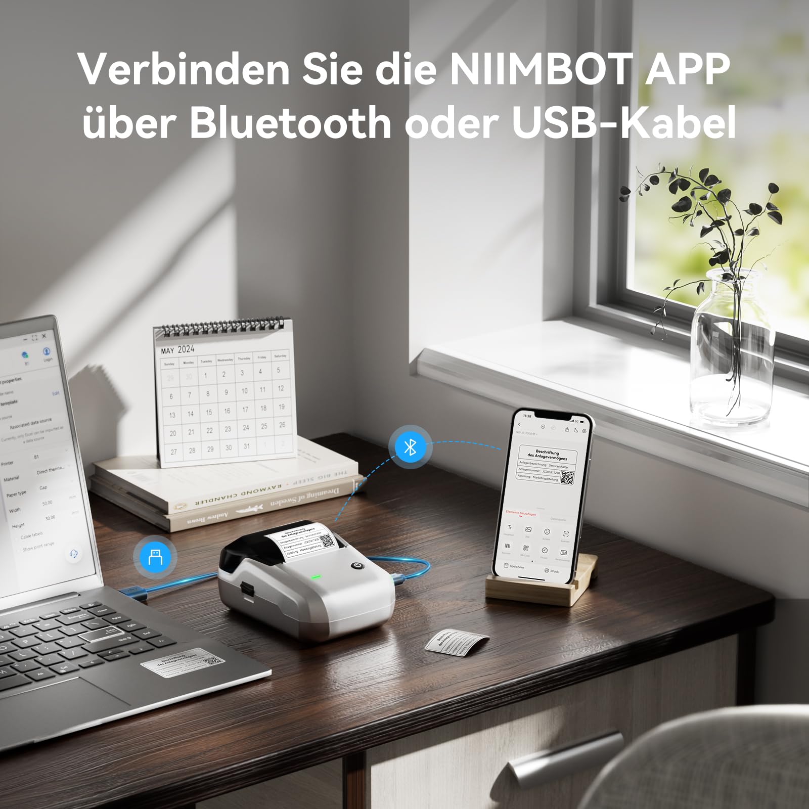 NIIMBOT B1 Etikettendrucker mit Wasserfeste Etiketten Selbstklebend, Tragbarer Beschriftungsgerät Bluetooth Label Printer Aufkleber Drucker für Barcode, Schulbedarf, Logo, Adresse, Silber