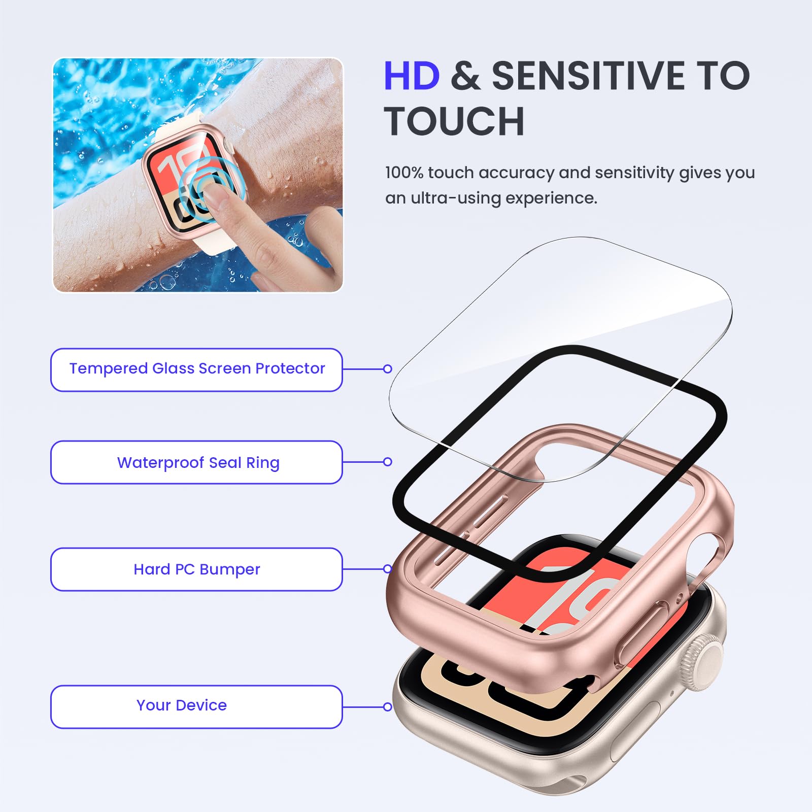 Kamita Wodoodporne etui do Apple Watch Series SE 3/SE 2/SE/6/5/4 44mm, twarde etui PC Bumper z wbudowaną folią ochronną ekranu ze szkła hartowanego, pełne pokrycie ochronne do iWatch 44 (różowe złoto)