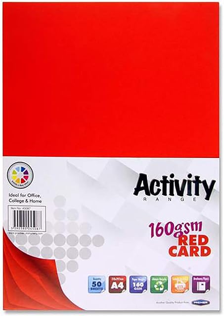 Premier Stationery A4 Red Coloured Card (160gsm). Pack of 50, Double-sided, A4 Card for printers, Perfect for kids art & craft card making activities, DIY Crafts, Scrapbooking and so much more.