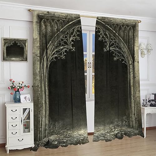 Miniatura 4 de Cortinas góticas góticas de fantasía con patrón de temática impresa para niños y niñas, decoración de sala de estar, 2 juegos de 42 pulgadas de