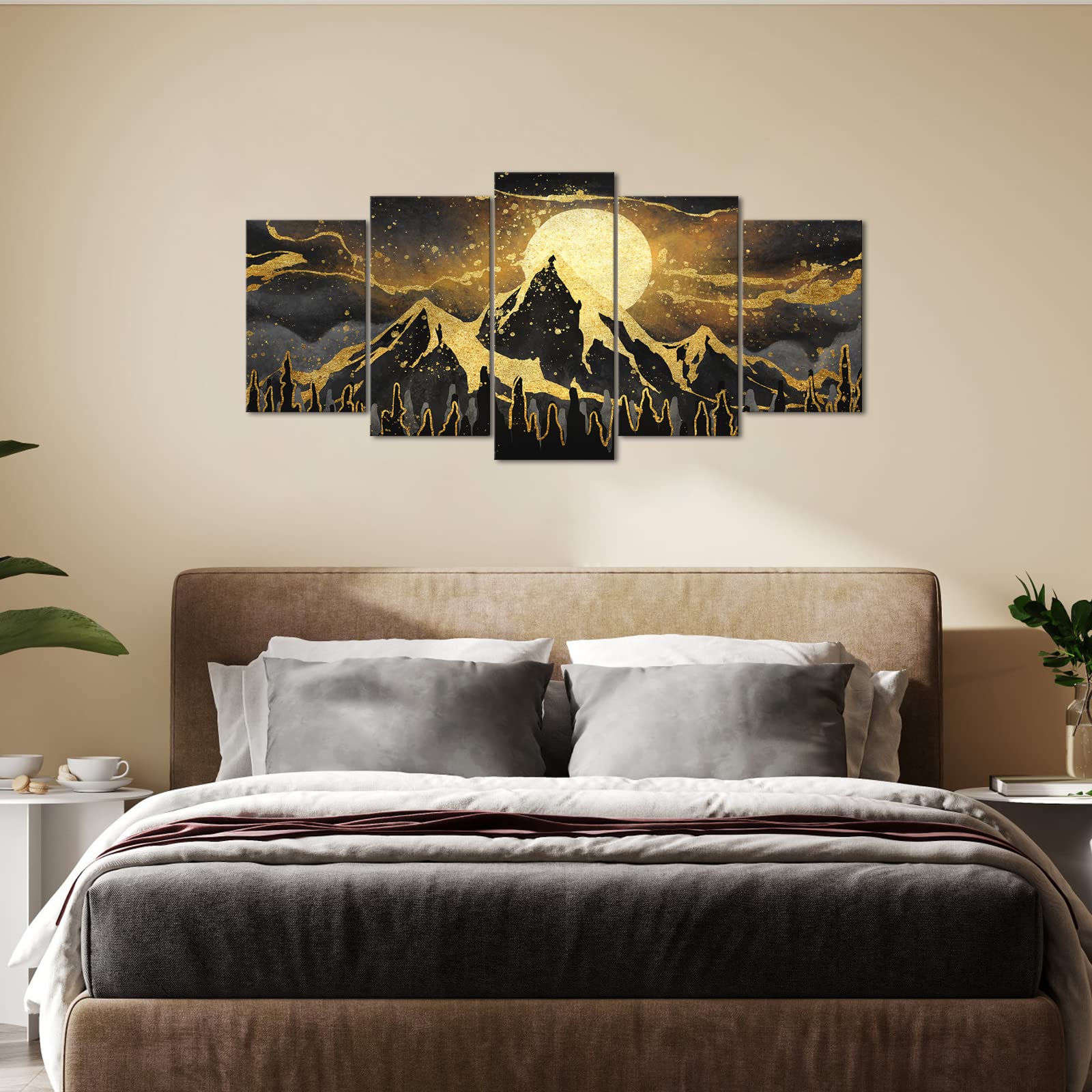 5-teilige Leinwand-Bilderserie: Schwarz-Gold Berge & Sonnenaufgang – Moderne Wanddekoration